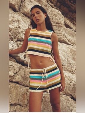 ZARA Striped Crochet Crop Top and Shorts Set - Multicolor